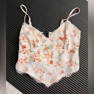 Forever 21 White and Pink Floral Lace Crop Tank Top